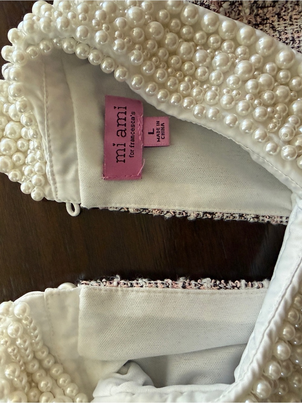 miami Tweed Pearl-Collar Short Sleeve Sheath Dress in Pink and Cream - Picture 2 of 2